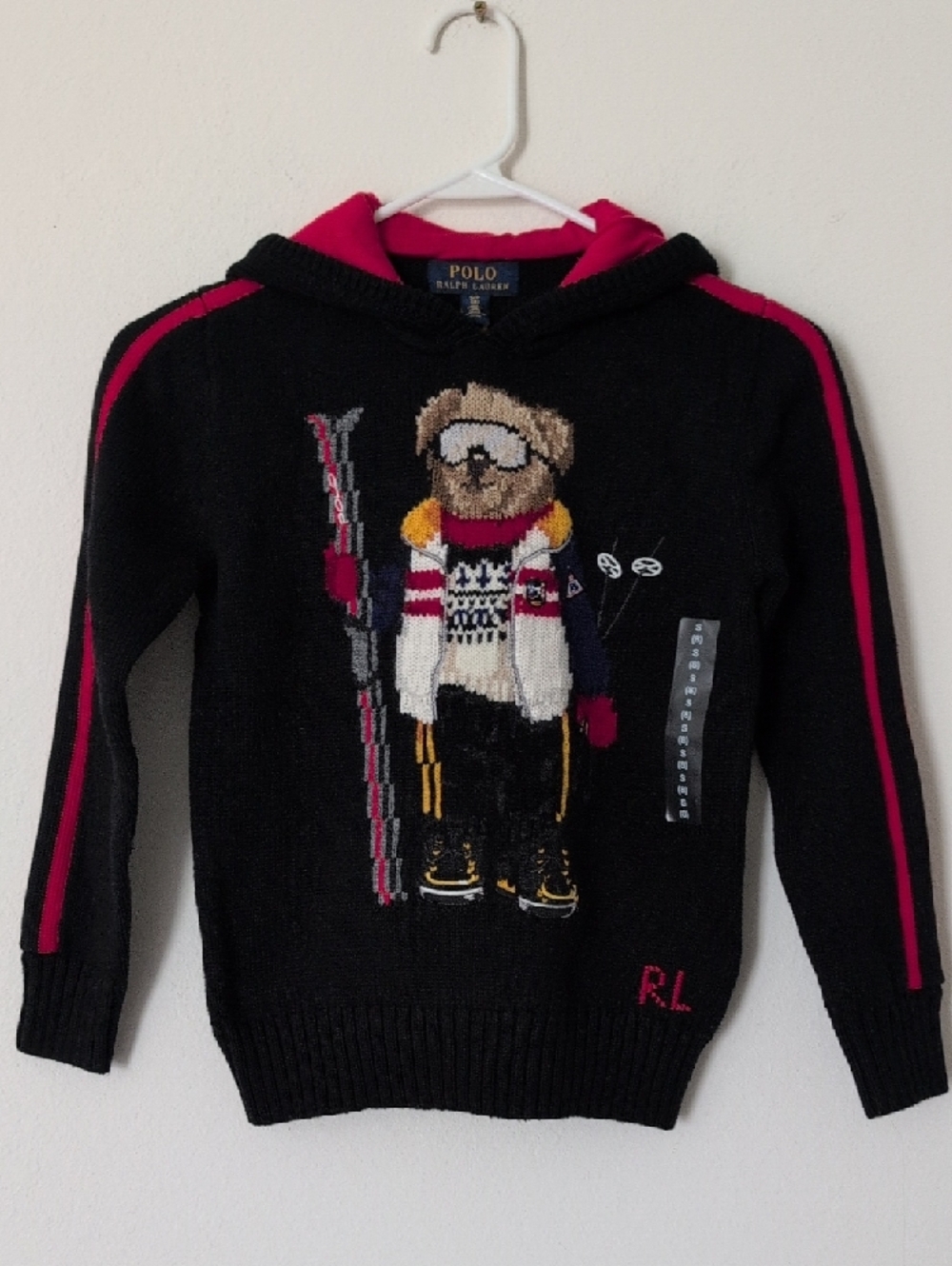 Polo by Ralph Lauren Black Knit Hoodie with Red Trim and Ski Bear - Picture 4 of 10